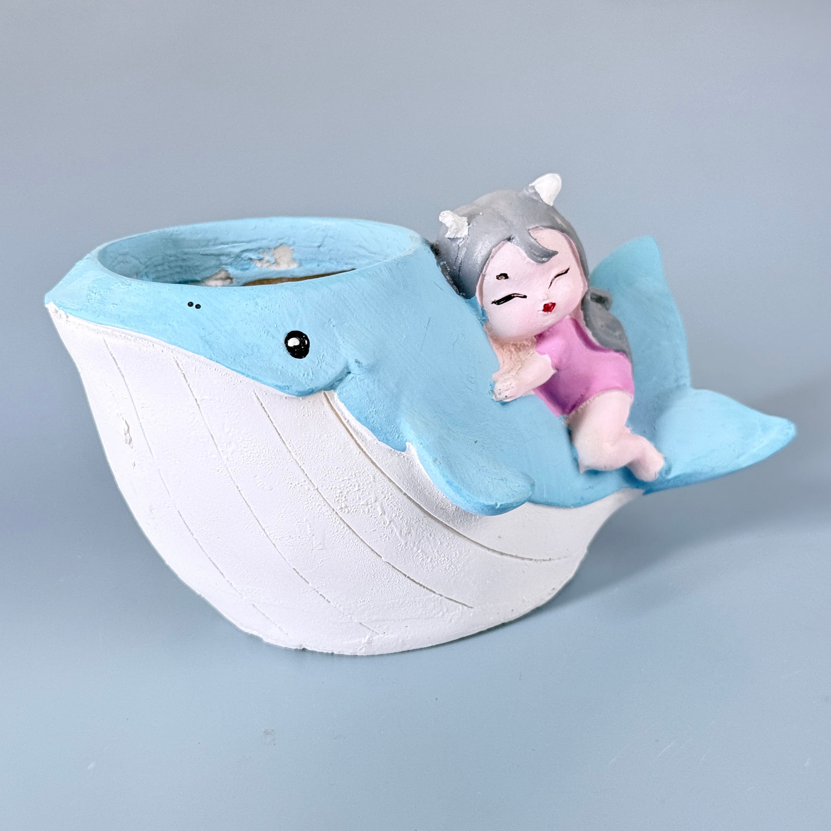 Cute Whale Girl Resin Planter Pot – Ocean Theme Mini Decorative Succulent Holder
