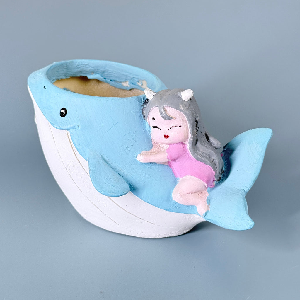 Cute Whale Girl Resin Planter Pot – Ocean Theme Mini Decorative Succulent Holder