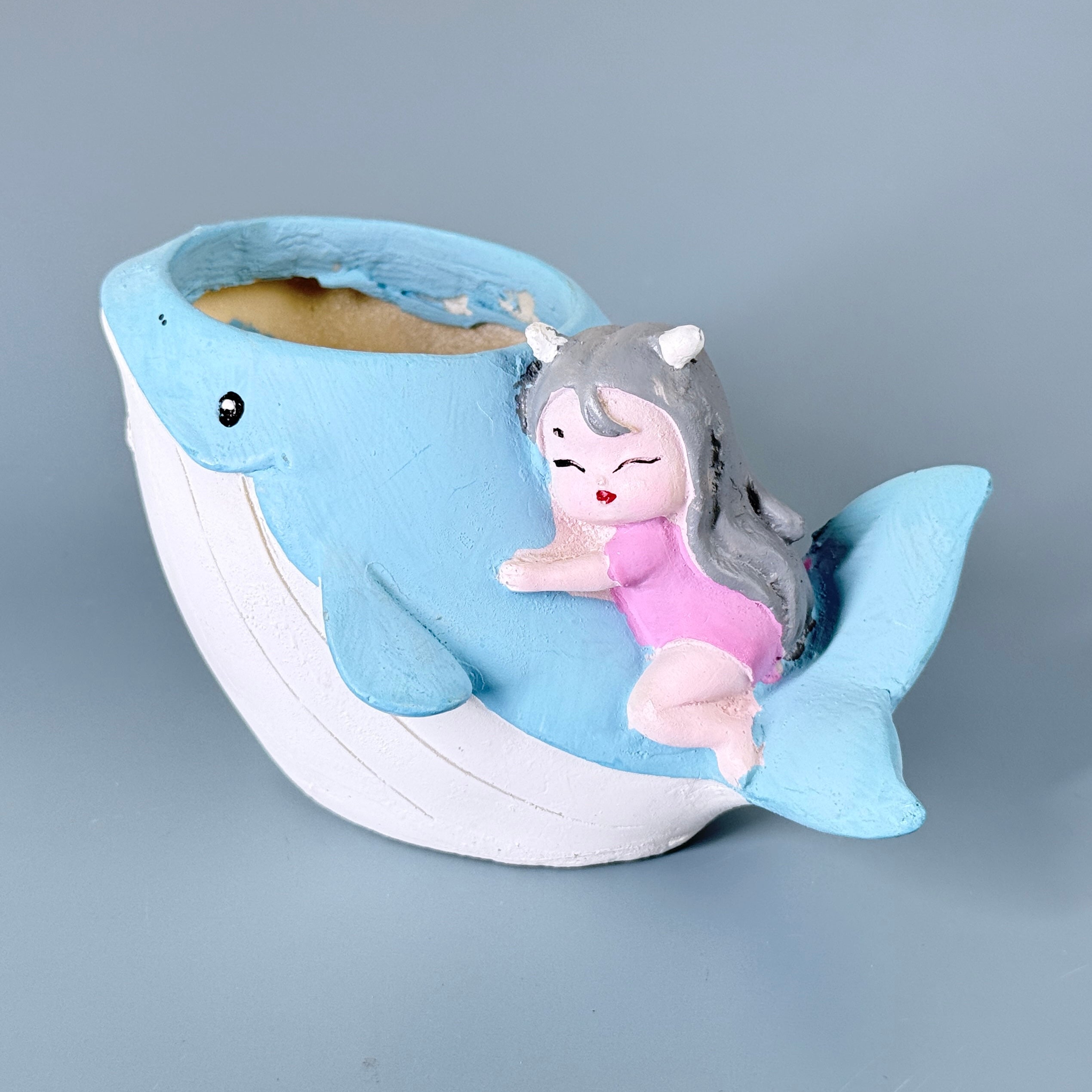 Cute Whale Girl Resin Planter Pot – Ocean Theme Mini Decorative Succulent Holder