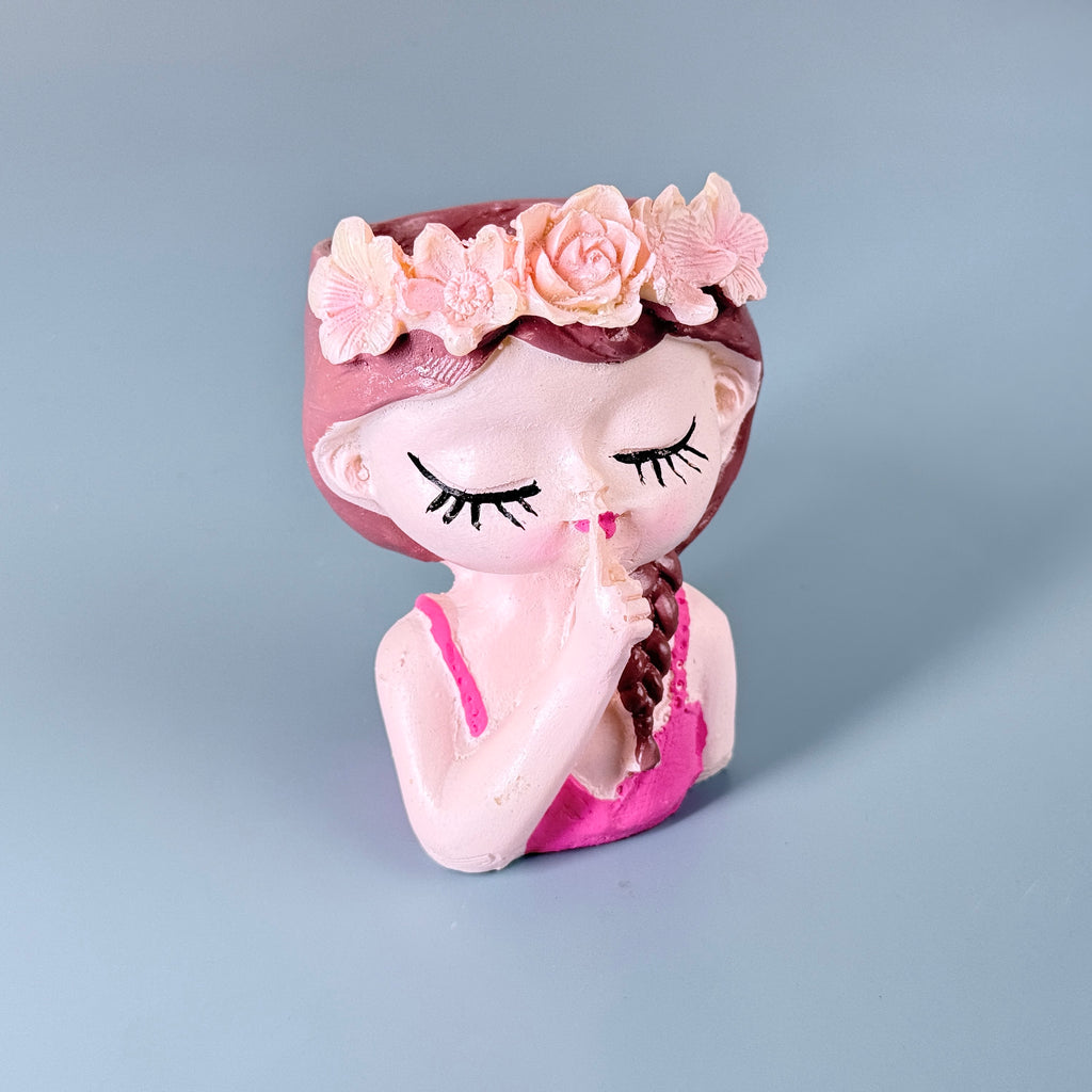 Cute Girl “Shh” Resin Planter Pot with Floral Crown – Aesthetic Mini Decorative Succulent Holder