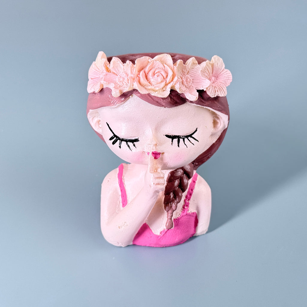 Cute Girl “Shh” Resin Planter Pot with Floral Crown – Aesthetic Mini Decorative Succulent Holder