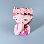 Cute Girl “Shh” Resin Planter Pot with Floral Crown – Aesthetic Mini Decorative Succulent Holder