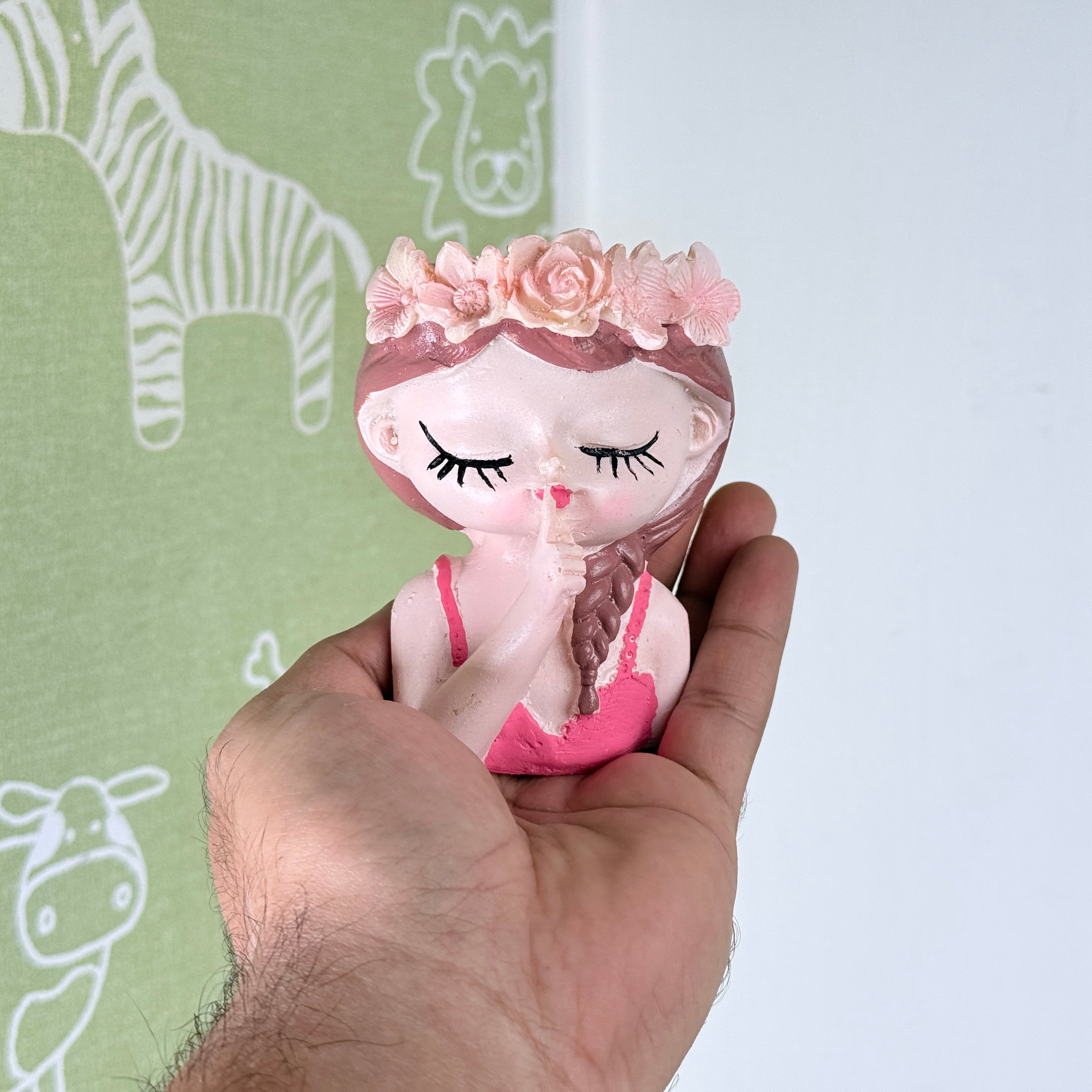 Cute Girl “Shh” Resin Planter Pot with Floral Crown – Aesthetic Mini Decorative Succulent Holder