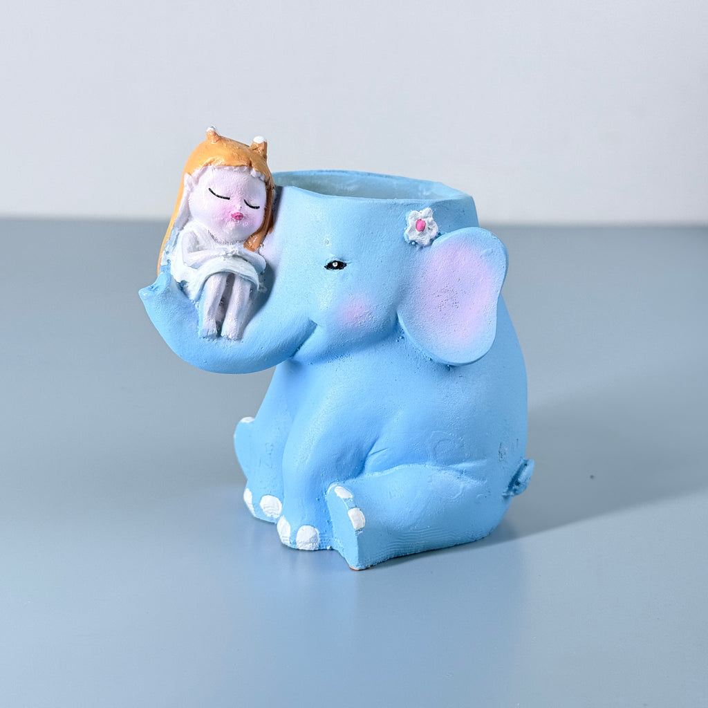 Cute Elephant with Girl Resin Planter Pot – Aesthetic Blue Mini Succulent Holder