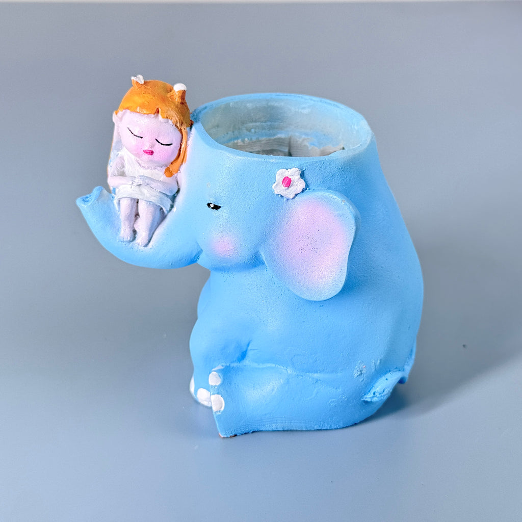 Cute Elephant with Girl Resin Planter Pot – Aesthetic Blue Mini Succulent Holder