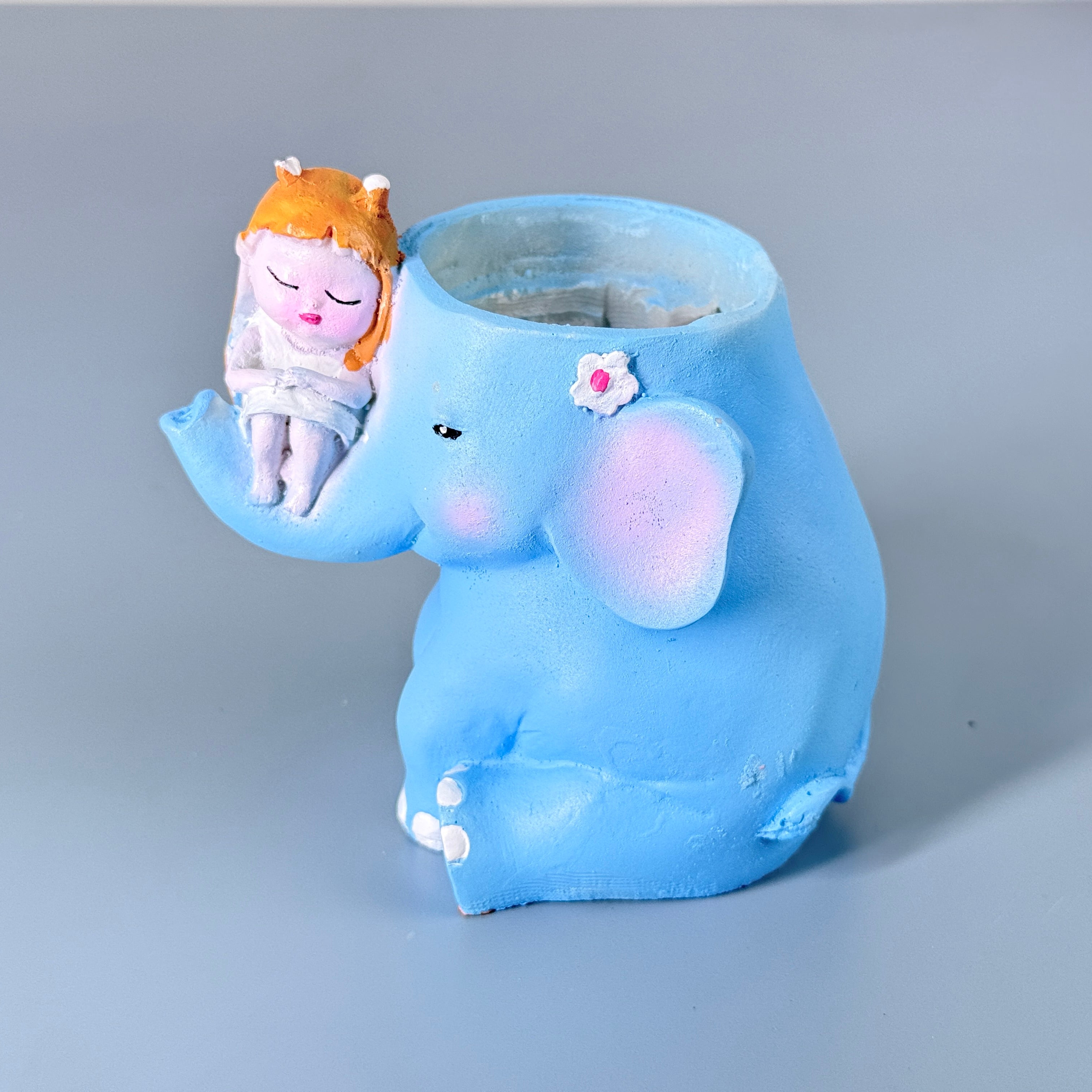 Cute Elephant with Girl Resin Planter Pot – Aesthetic Blue Mini Succulent Holder