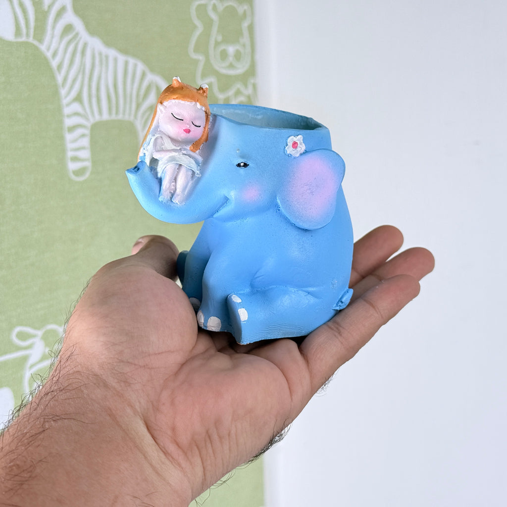 Cute Elephant with Girl Resin Planter Pot – Aesthetic Blue Mini Succulent Holder