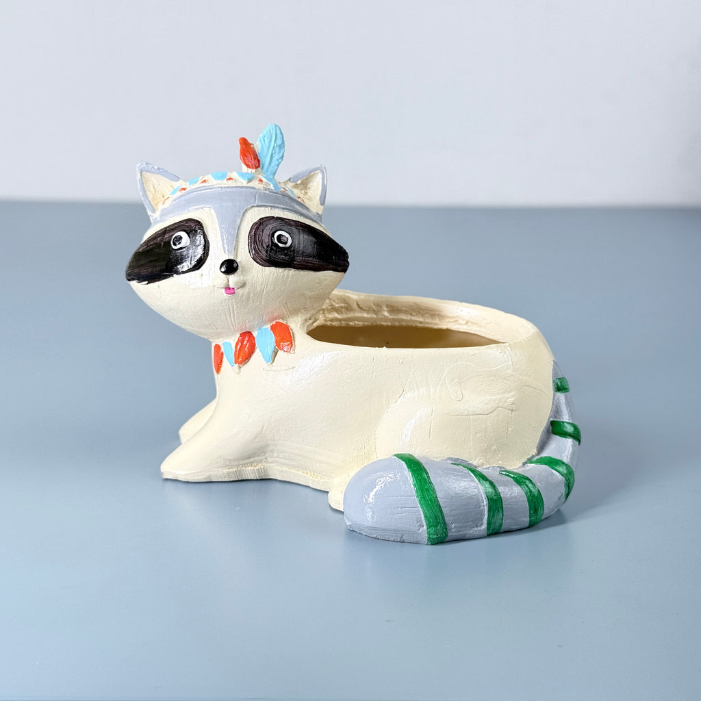 Cute Raccoon Tribal Resin Planter Pot – Mini Animal Decorative Desk Plant Holder