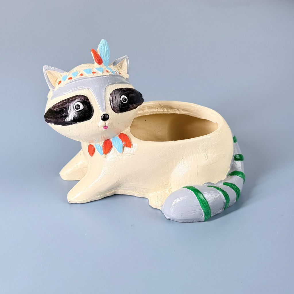 Cute Raccoon Tribal Resin Planter Pot – Mini Animal Decorative Desk Plant Holder