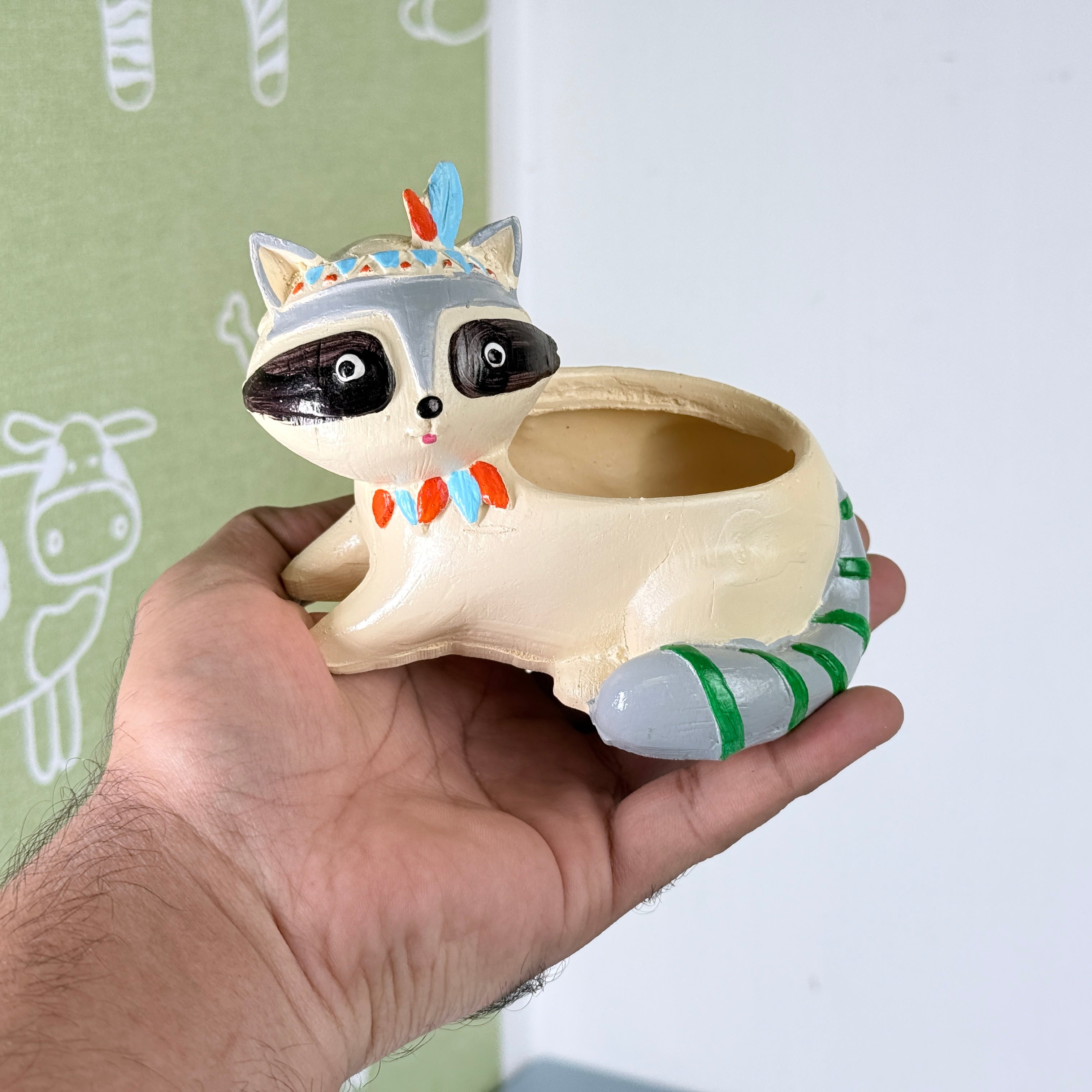 Cute Raccoon Tribal Resin Planter Pot – Mini Animal Decorative Desk Plant Holder