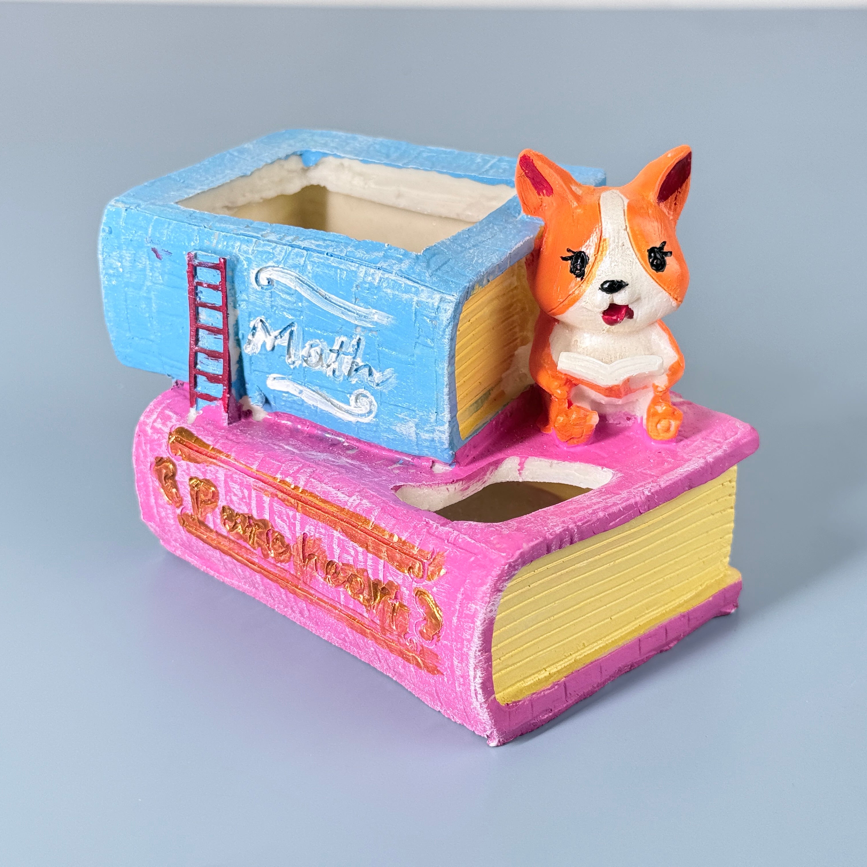 Cute Corgi Dog Reading Book Resin Planter Pot – Mini Cartoon Decorative Plant Holder
