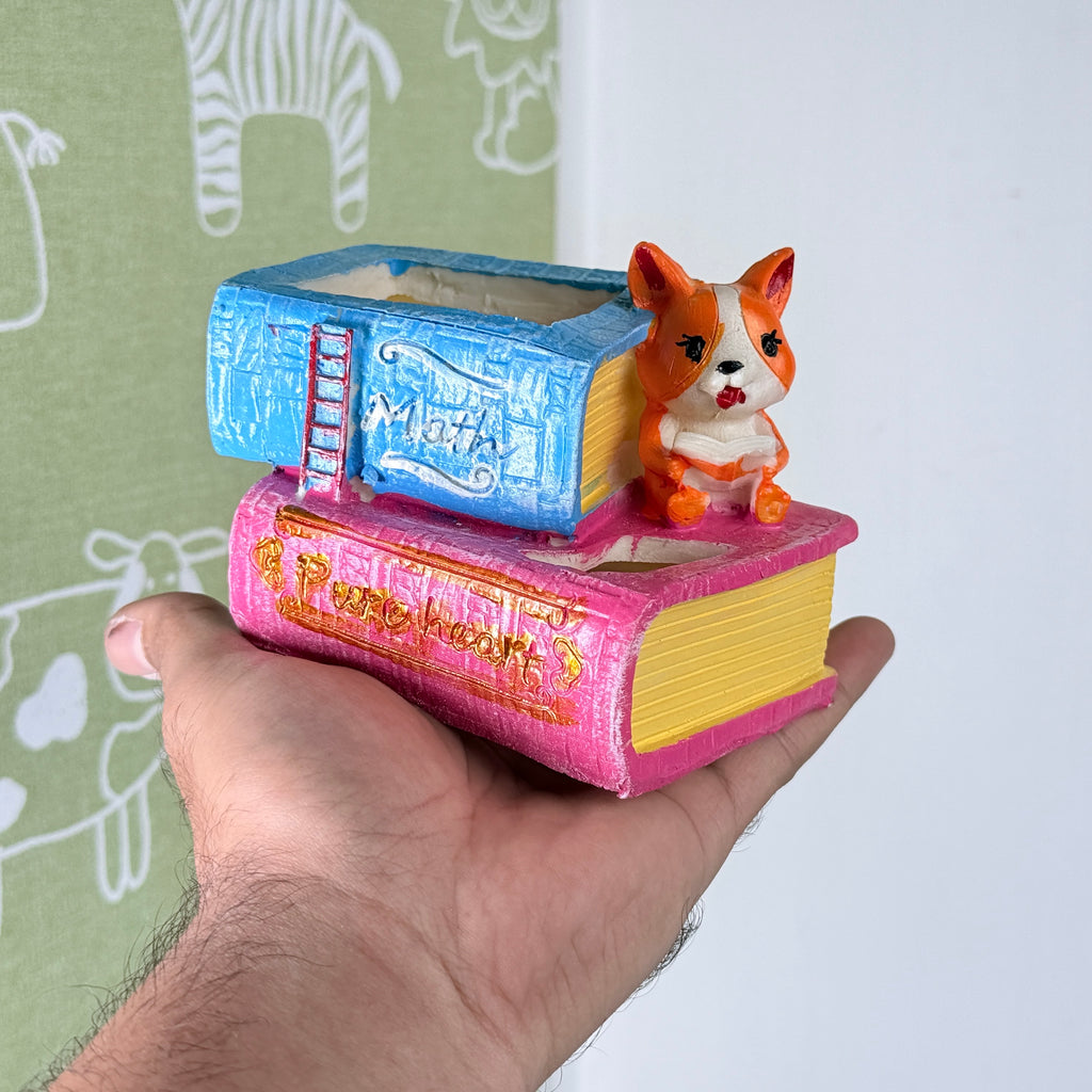 Cute Corgi Dog Reading Book Resin Planter Pot – Mini Cartoon Decorative Plant Holder