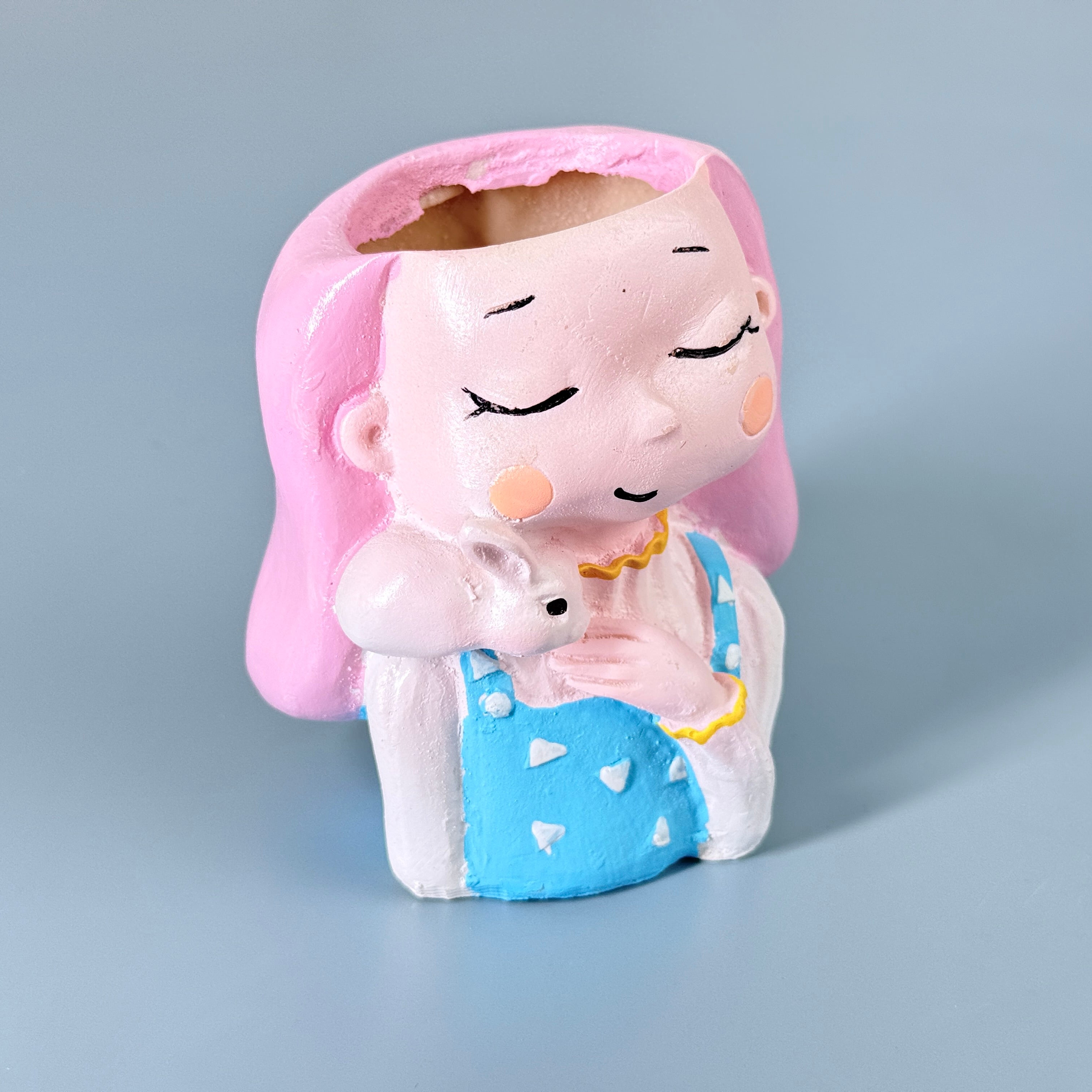 Cute Girl with Rabbit Resin Planter Pot – Aesthetic Mini Decorative Succulent Holder
