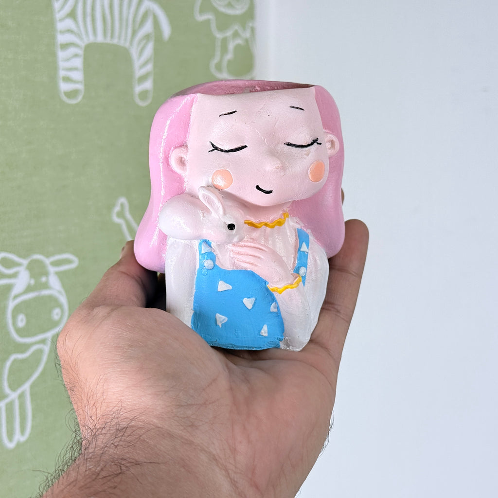 Cute Girl with Rabbit Resin Planter Pot – Aesthetic Mini Decorative Succulent Holder