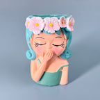Cute Girl Face Resin Planter Pot with Flower Crown – Aesthetic Mini Decorative Succulent Holder