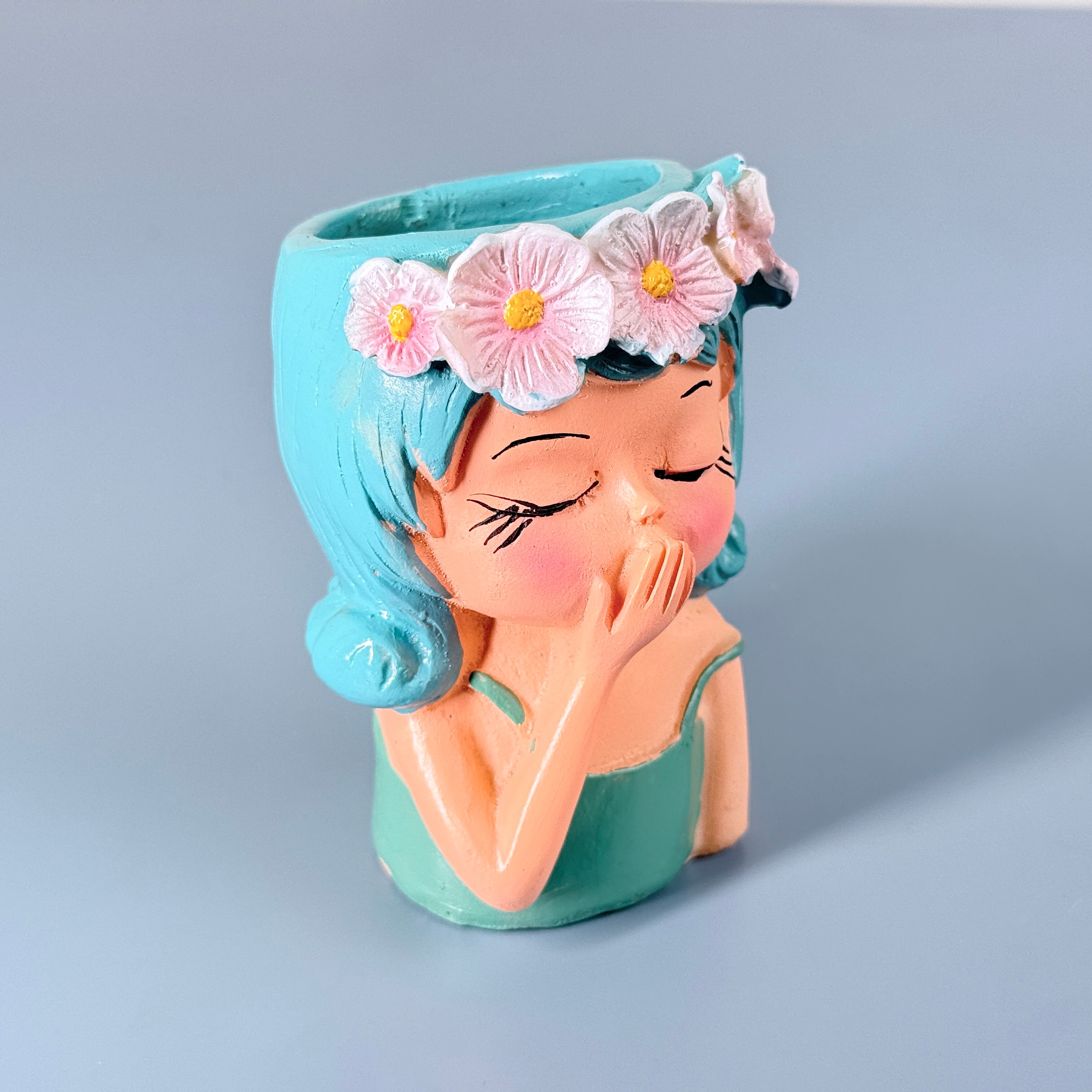 Cute Girl Face Resin Planter Pot with Flower Crown – Aesthetic Mini Decorative Succulent Holder