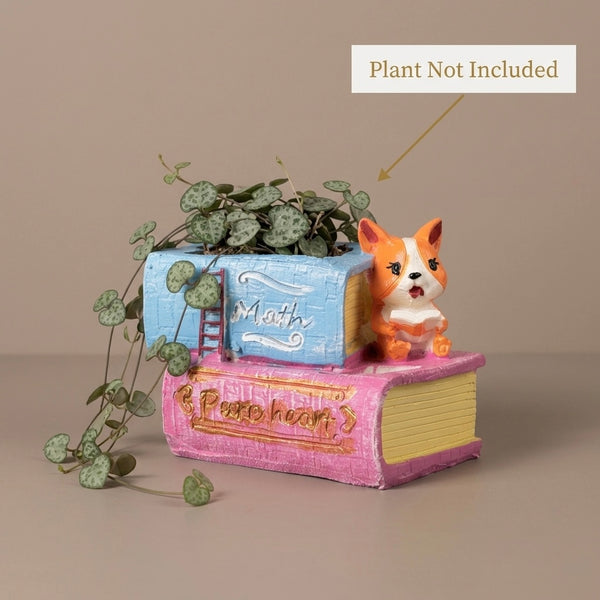 Cute Corgi Dog Reading Book Resin Planter Pot – Mini Cartoon Decorative Plant Holder