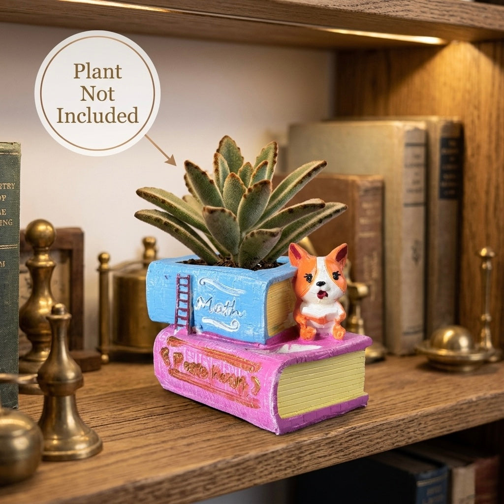Cute Corgi Dog Reading Book Resin Planter Pot – Mini Cartoon Decorative Plant Holder