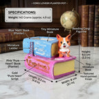 Cute Corgi Dog Reading Book Resin Planter Pot – Mini Cartoon Decorative Plant Holder