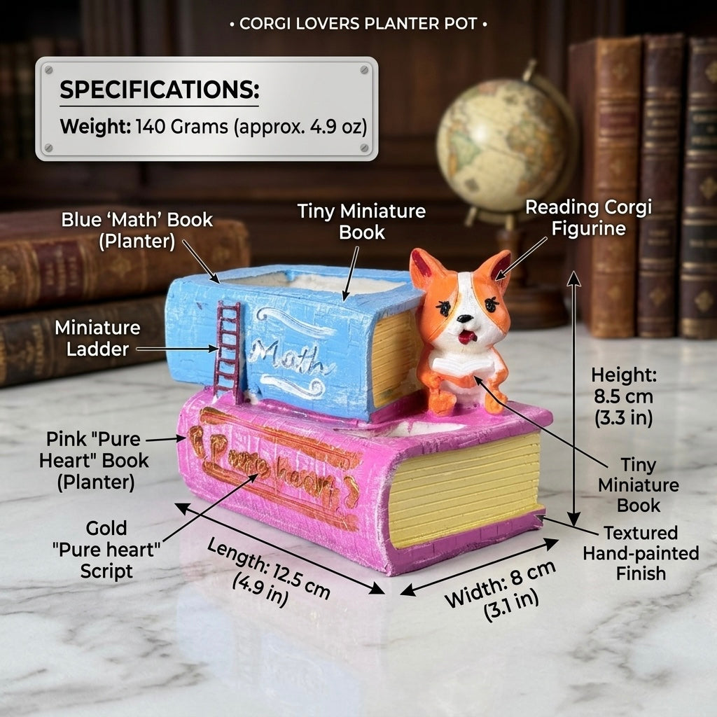 Cute Corgi Dog Reading Book Resin Planter Pot – Mini Cartoon Decorative Plant Holder