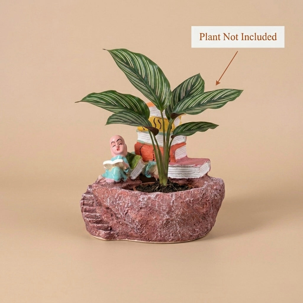Monk Reading Books Resin Planter Pot – Mini Study Theme Decorative Plant Holder