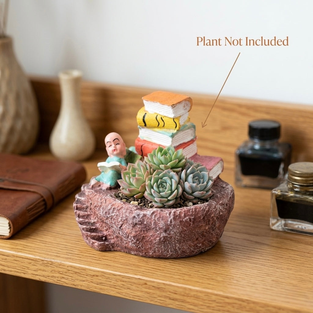 Monk Reading Books Resin Planter Pot – Mini Study Theme Decorative Plant Holder Secondary image