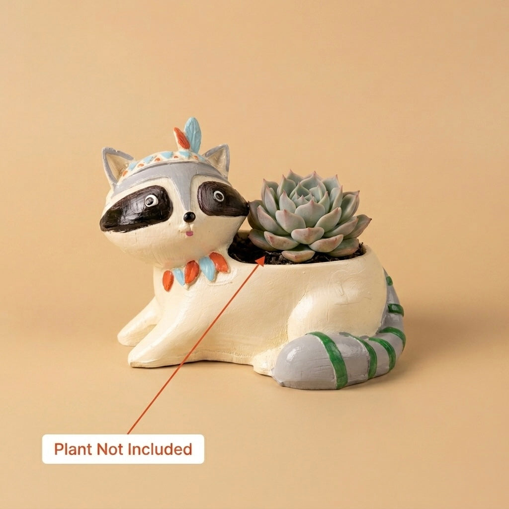 Cute Raccoon Tribal Resin Planter Pot – Mini Animal Decorative Desk Plant Holder
