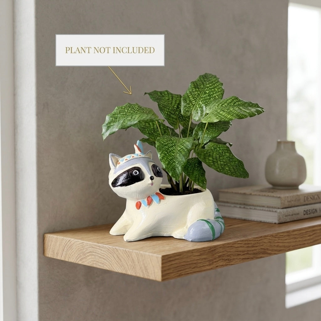 Cute Raccoon Tribal Resin Planter Pot – Mini Animal Decorative Desk Plant Holder