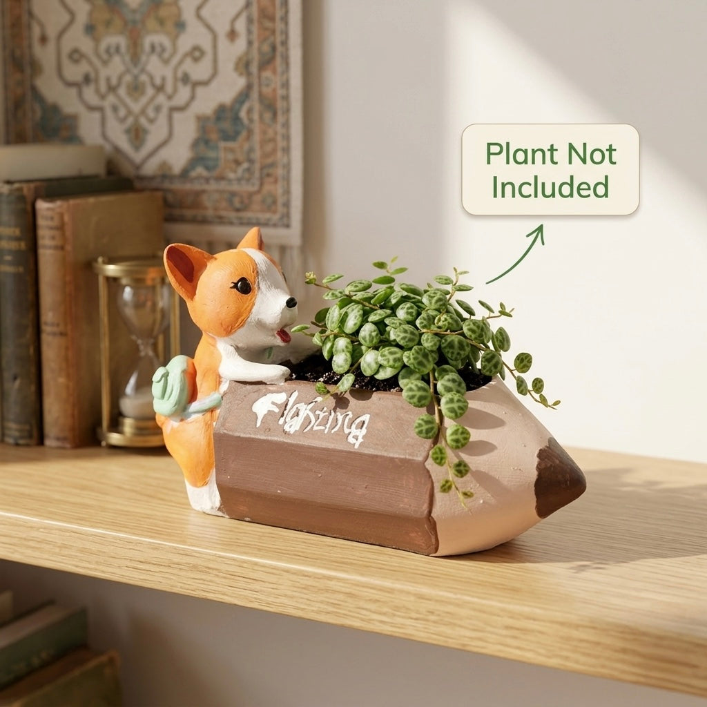 Cute Corgi Pencil Resin Planter Pot – Mini Cartoon Desk Decorative Succulent Holder