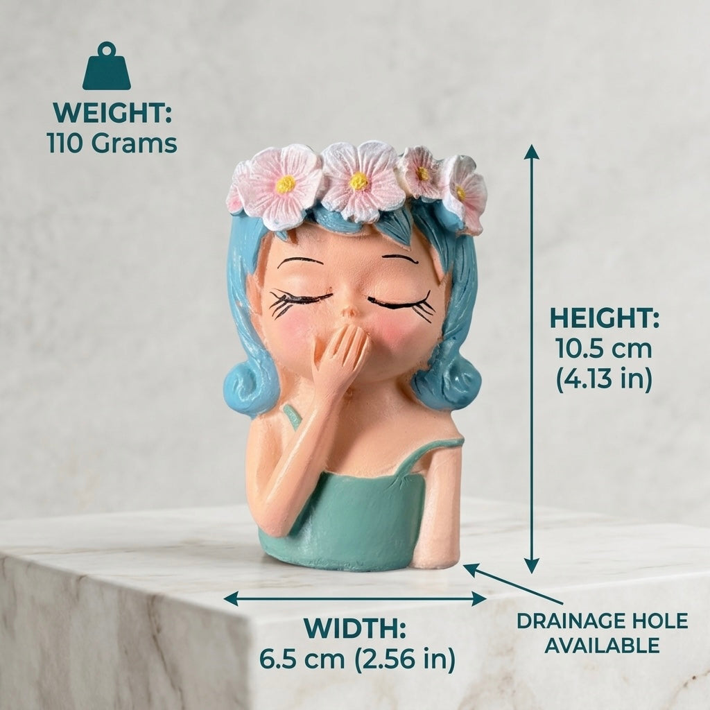 Cute Girl Face Resin Planter Pot with Flower Crown – Aesthetic Mini Decorative Succulent Holder