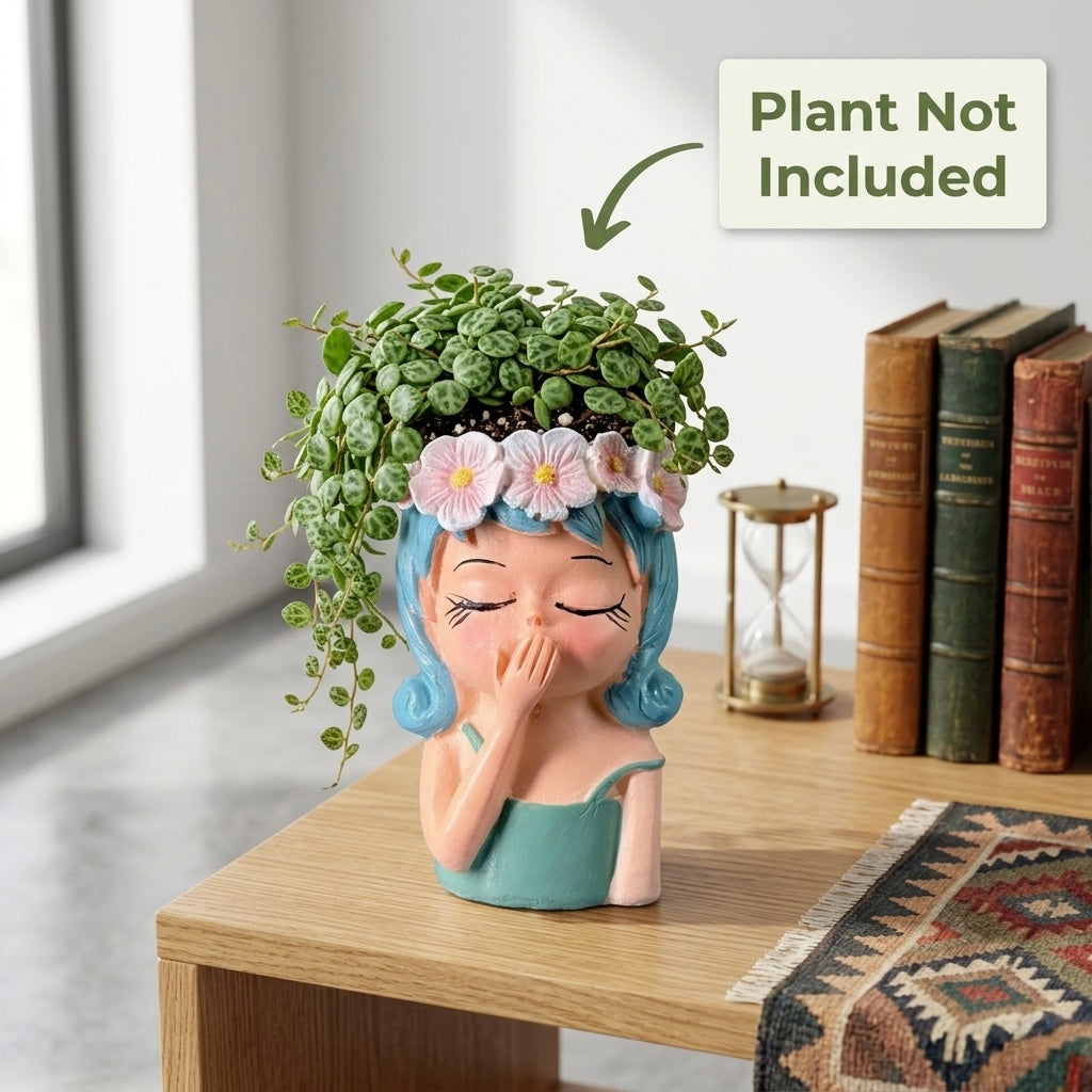 Cute Girl Face Resin Planter Pot with Flower Crown – Aesthetic Mini Decorative Succulent Holder Secondary image