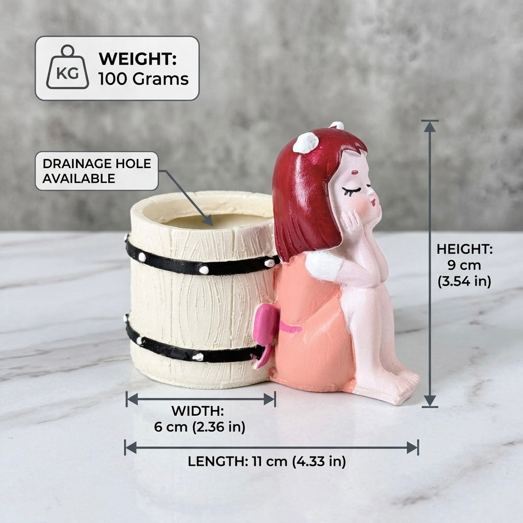 Cute Angel Girl Resin Planter Pot with Barrel – Mini Decorative Succulent Holder