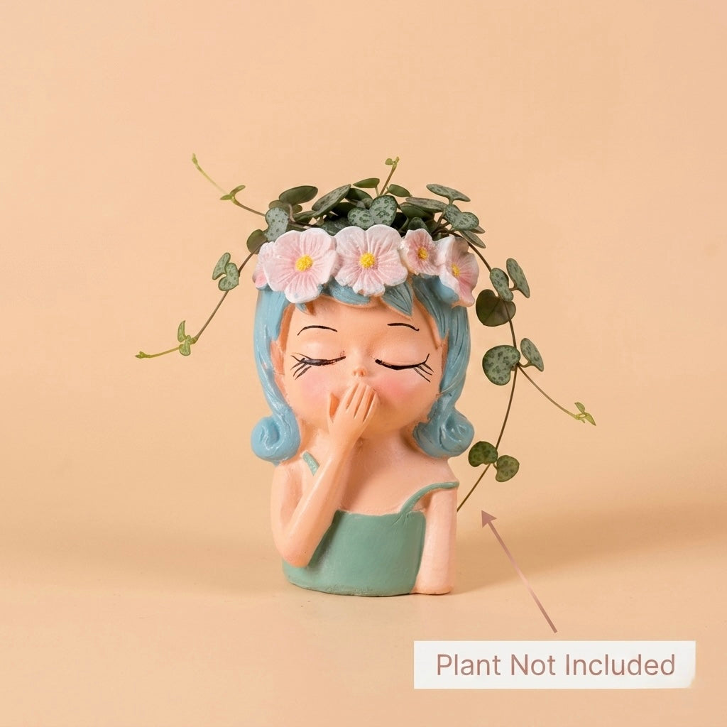 Cute Girl Face Resin Planter Pot with Flower Crown – Aesthetic Mini Decorative Succulent Holder Main image