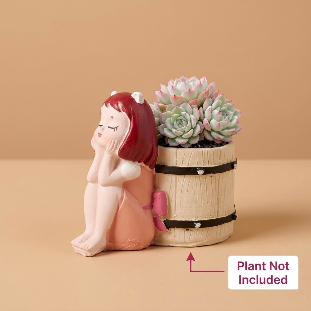 Cute Angel Girl Resin Planter Pot with Barrel – Mini Decorative Succulent Holder