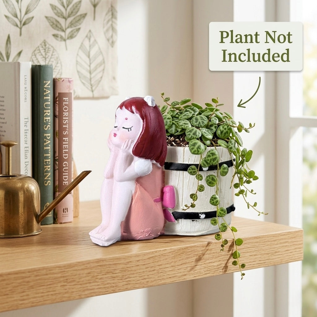 Cute Angel Girl Resin Planter Pot with Barrel – Mini Decorative Succulent Holder Secondary image