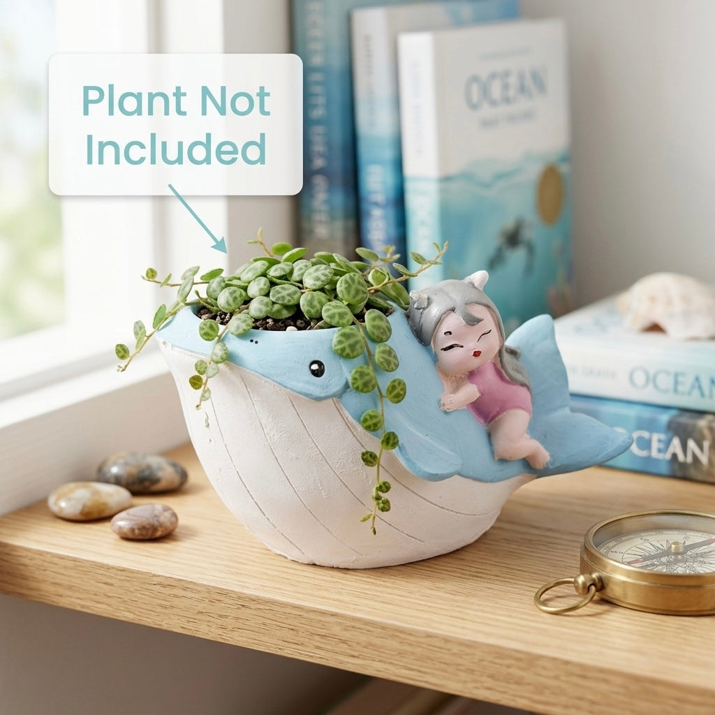 Cute Whale Girl Resin Planter Pot – Ocean Theme Mini Decorative Succulent Holder