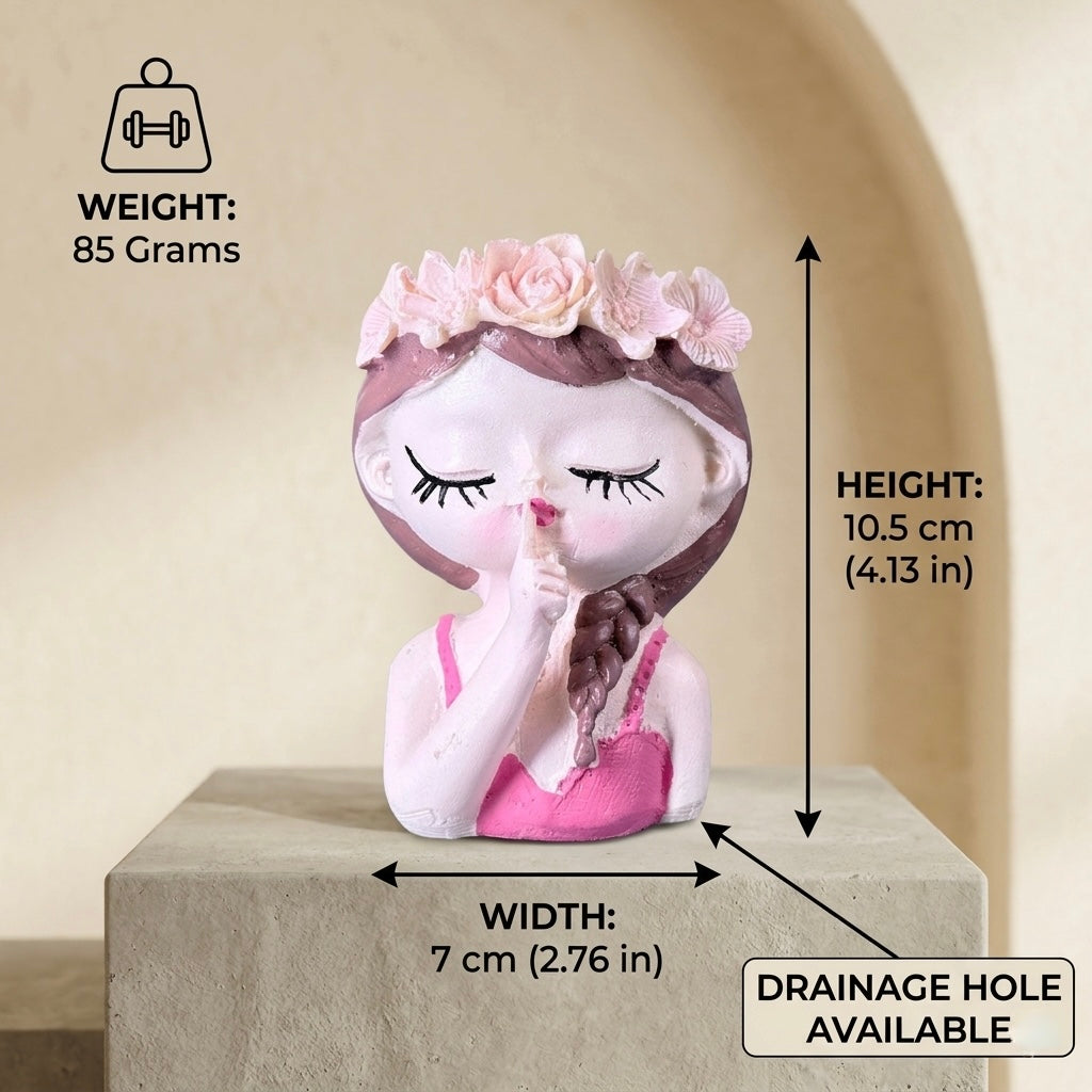 Cute Girl “Shh” Resin Planter Pot with Floral Crown – Aesthetic Mini Decorative Succulent Holder