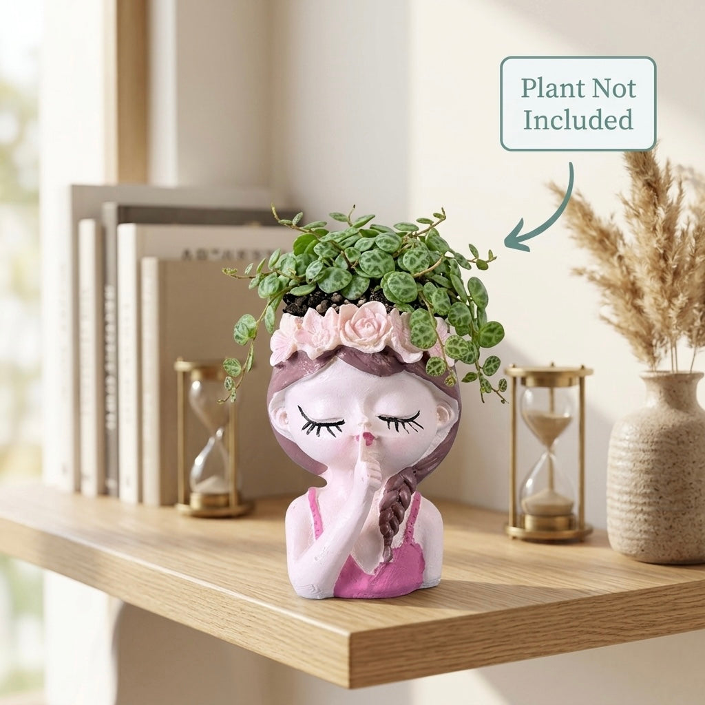 Cute Girl “Shh” Resin Planter Pot with Floral Crown – Aesthetic Mini Decorative Succulent Holder Secondary image
