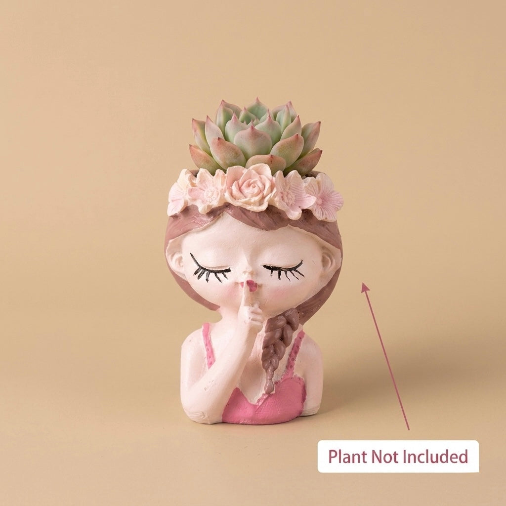 Cute Girl “Shh” Resin Planter Pot with Floral Crown – Aesthetic Mini Decorative Succulent Holder