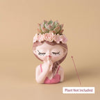 Cute Girl “Shh” Resin Planter Pot with Floral Crown – Aesthetic Mini Decorative Succulent Holder