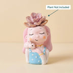 Cute Girl with Rabbit Resin Planter Pot – Aesthetic Mini Decorative Succulent Holder