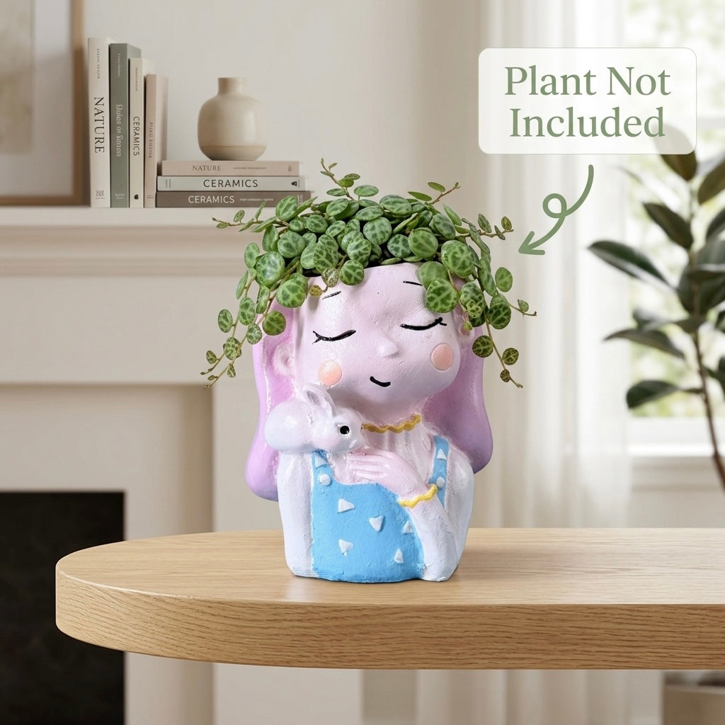 Cute Girl with Rabbit Resin Planter Pot – Aesthetic Mini Decorative Succulent Holder