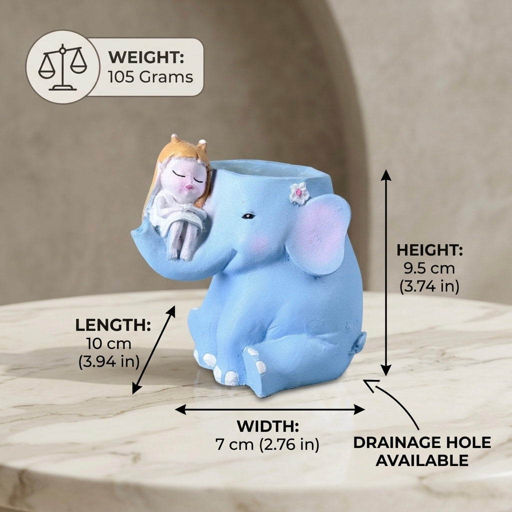 Cute Elephant with Girl Resin Planter Pot – Aesthetic Blue Mini Succulent Holder