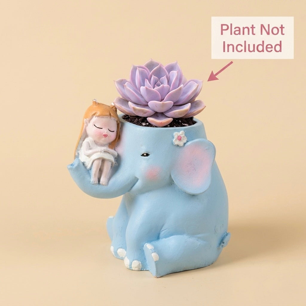Cute Elephant with Girl Resin Planter Pot – Aesthetic Blue Mini Succulent Holder