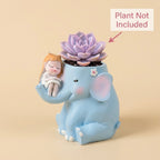 Cute Elephant with Girl Resin Planter Pot – Aesthetic Blue Mini Succulent Holder