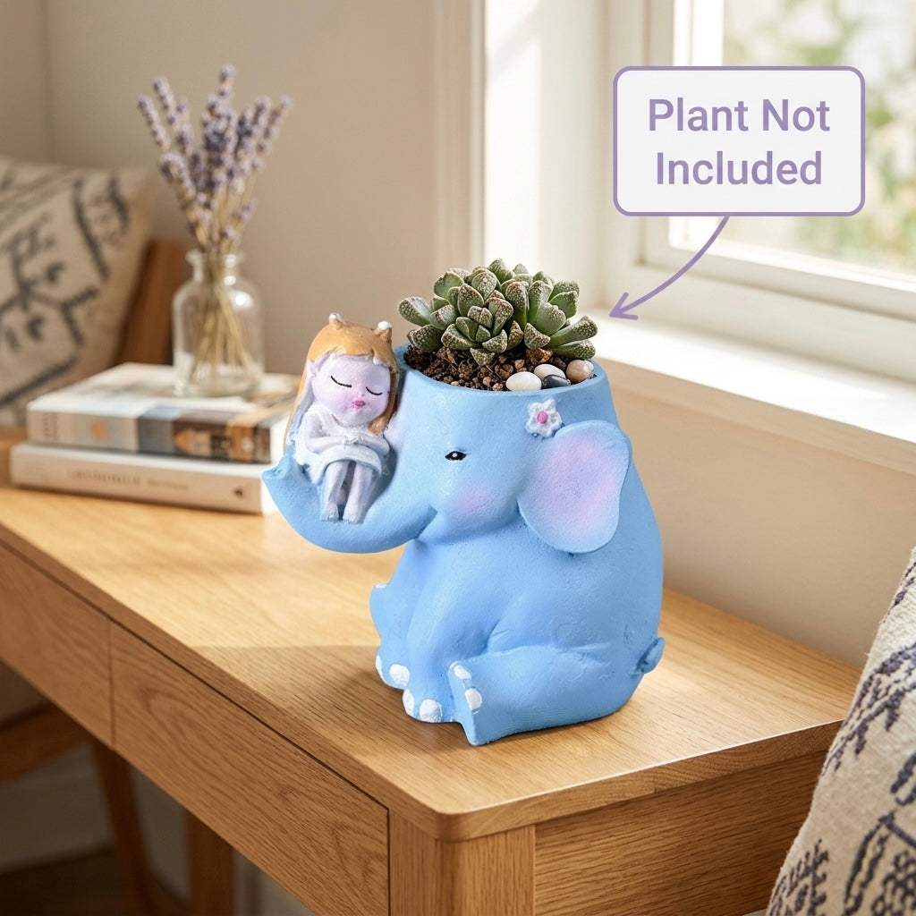 Cute Elephant with Girl Resin Planter Pot – Aesthetic Blue Mini Succulent Holder