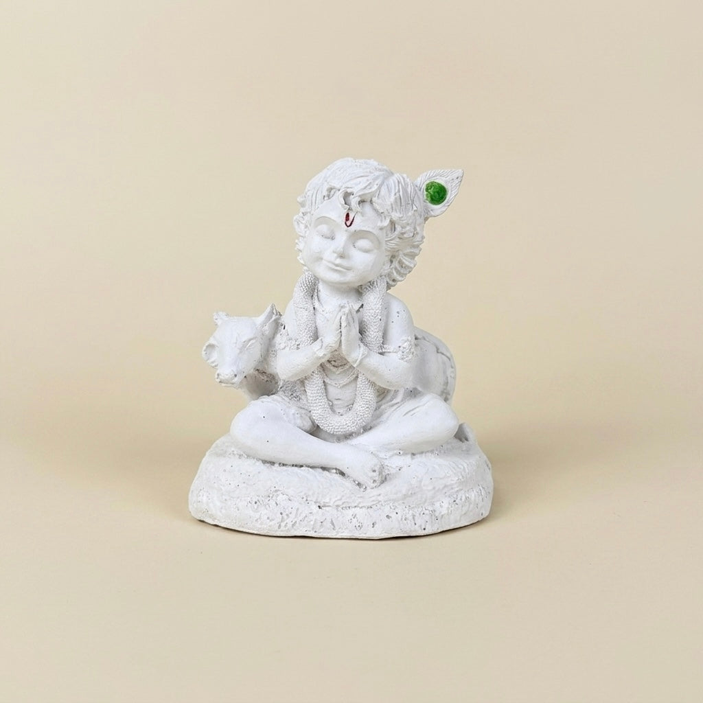 Bal Krishna Namaste Resin Idol (White & Gold) – Cute Baby Krishna Décor Statue