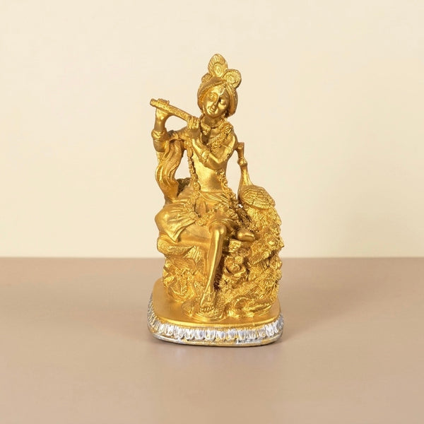 Lord Krishna Playing Flute Resin Idol (Gold & Multicolor) – Premium Spiritual Décor
