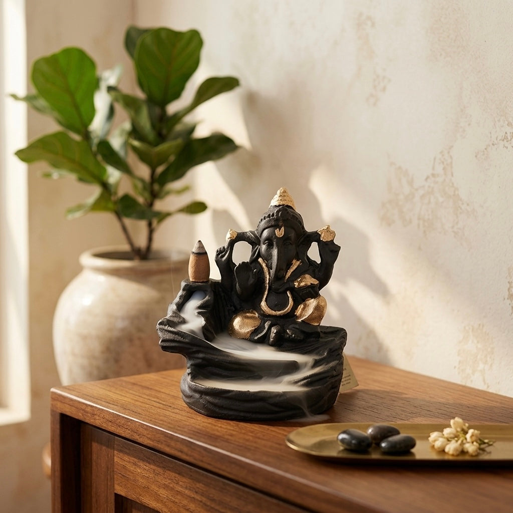 Lord Ganesha Backflow Incense Holder – Smoke Waterfall Resin Decor Fountain
