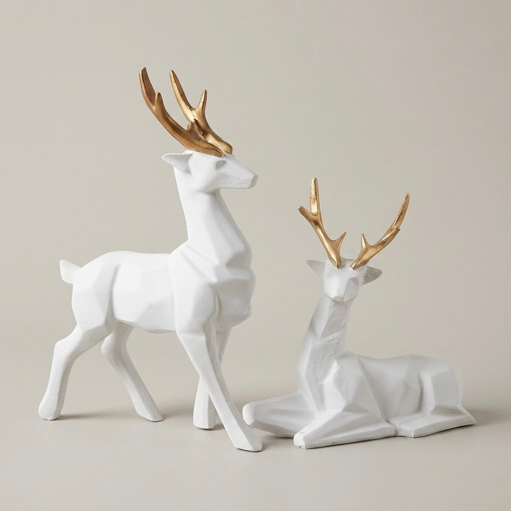 Modern White & Golden Deer Resin Showpiece Set for Home Decor